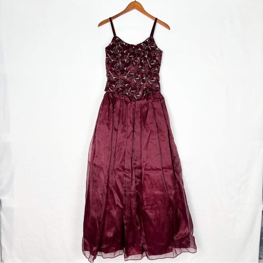 Vintage 90s Kiki USA Corset Embroidered Dress Gown Burgundy Red Size M A‎ Line
